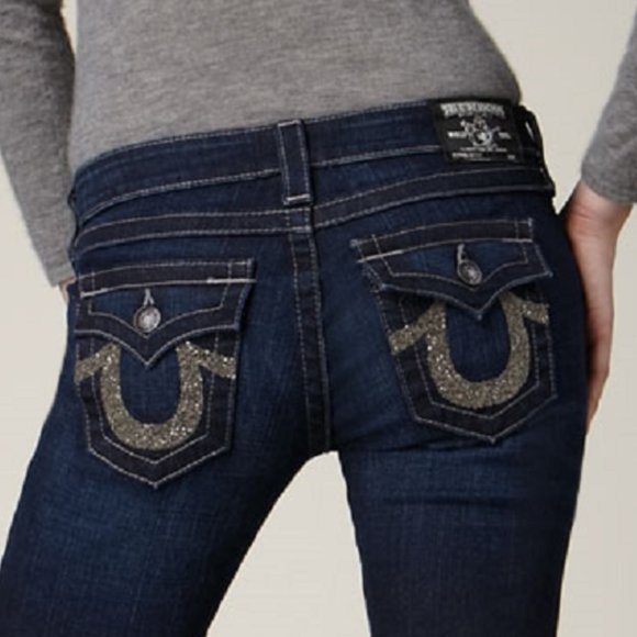 SIZE 32 TRUE RELIGION BECKY CRYSTAL PAVE SLIM BOOTCUT DARK RINSE JEANS womens - Picture 1 of 11